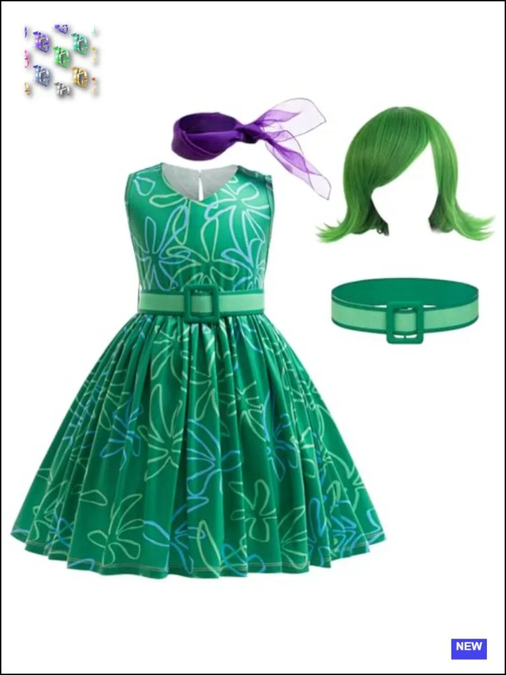 Girls Green Disgust Costume Kids Halloween Cosplay Dress 3-10Y with Wig